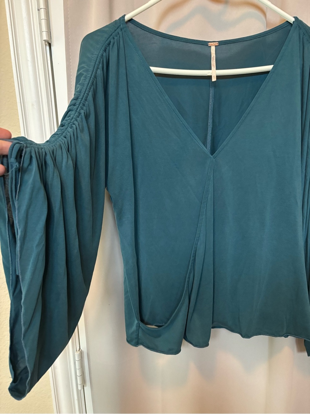 Free People Teal V-Neck Blouse with Ruched Sleeve Detail